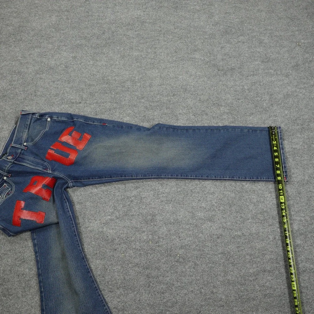 True Religion Jeans Mens 34 Blue Billy Relaxed Bootcut Red Graphic Comet Wash